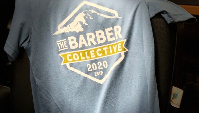 The Barber Collective's first t-shirt, draped over Georgette's shop chair